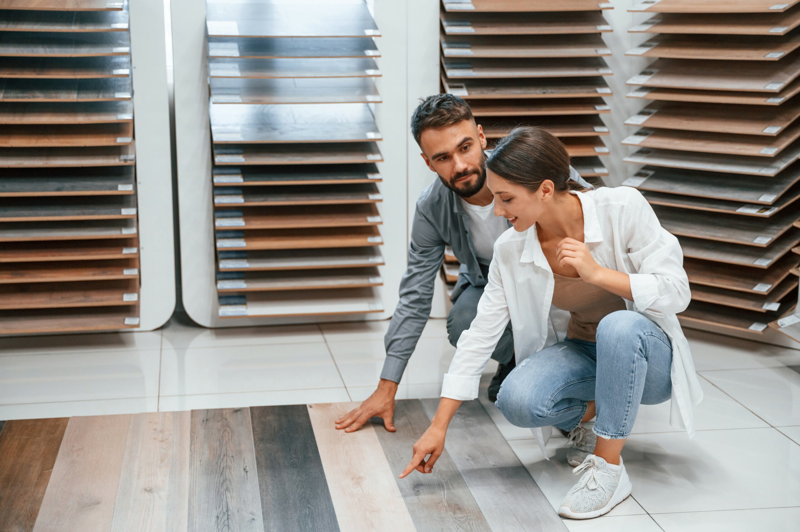 sitting and choosing parquet woman and man